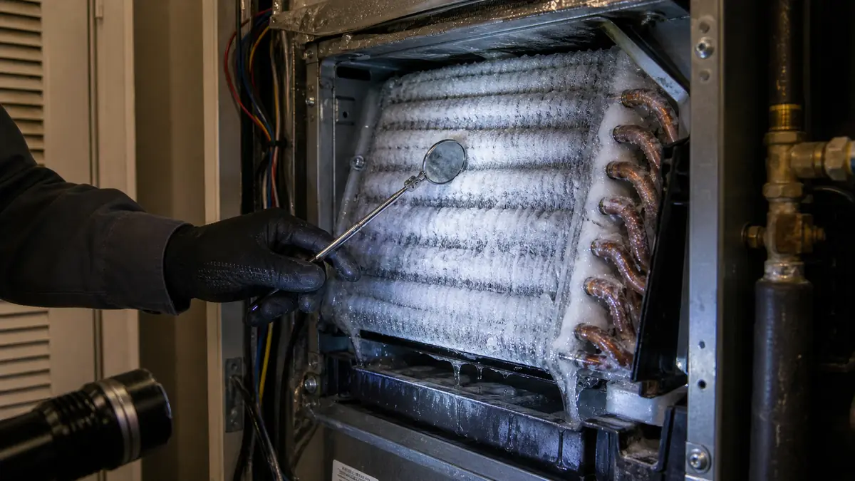 Frozen evaporator coil and iced refrigerant line on a Glendale, CA Mitsubishi mini-split