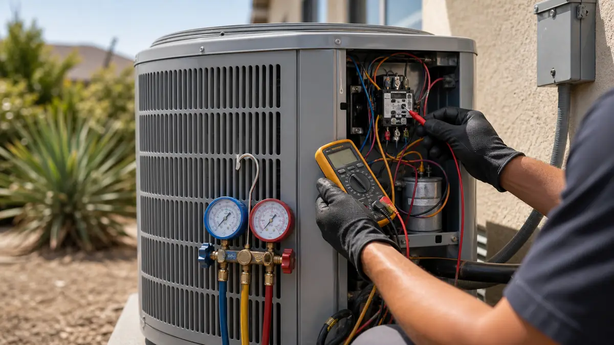 Technician reading a Mitsubishi mini-split fault code during AC repair in Glendale, CA